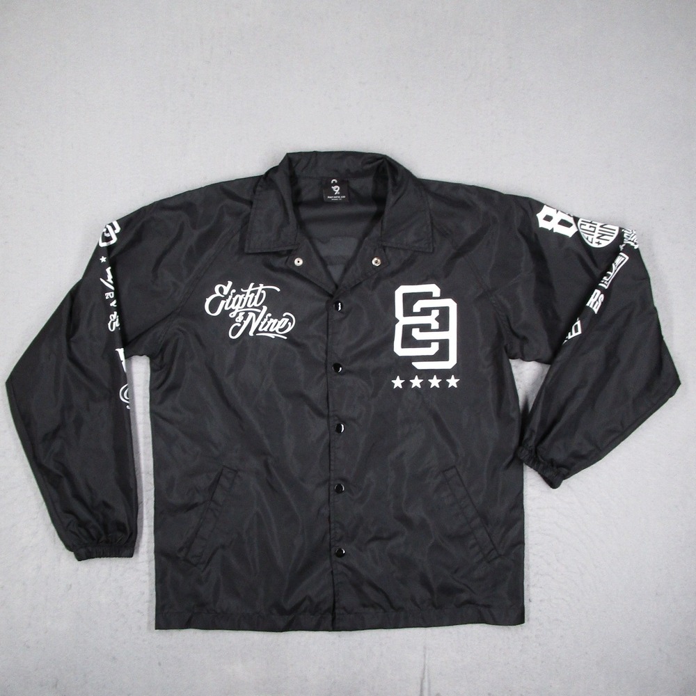 Eight & Nine Mens Black Nylon Coaches Jacket Graphic Streetwear Size Medium